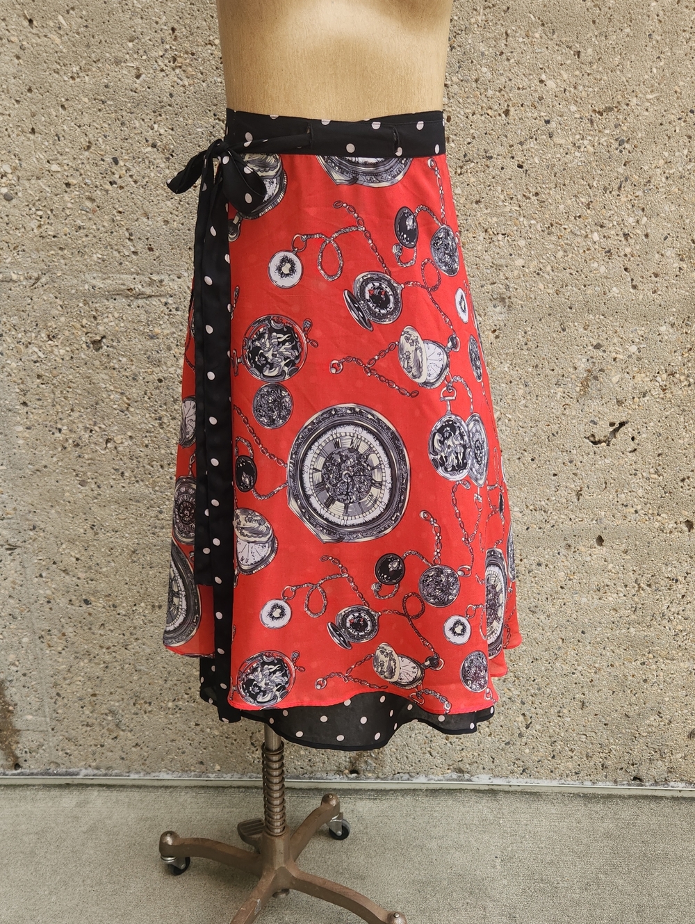Red Pocket Watch Print Wrap Skirt with Black Polka Dot Trim